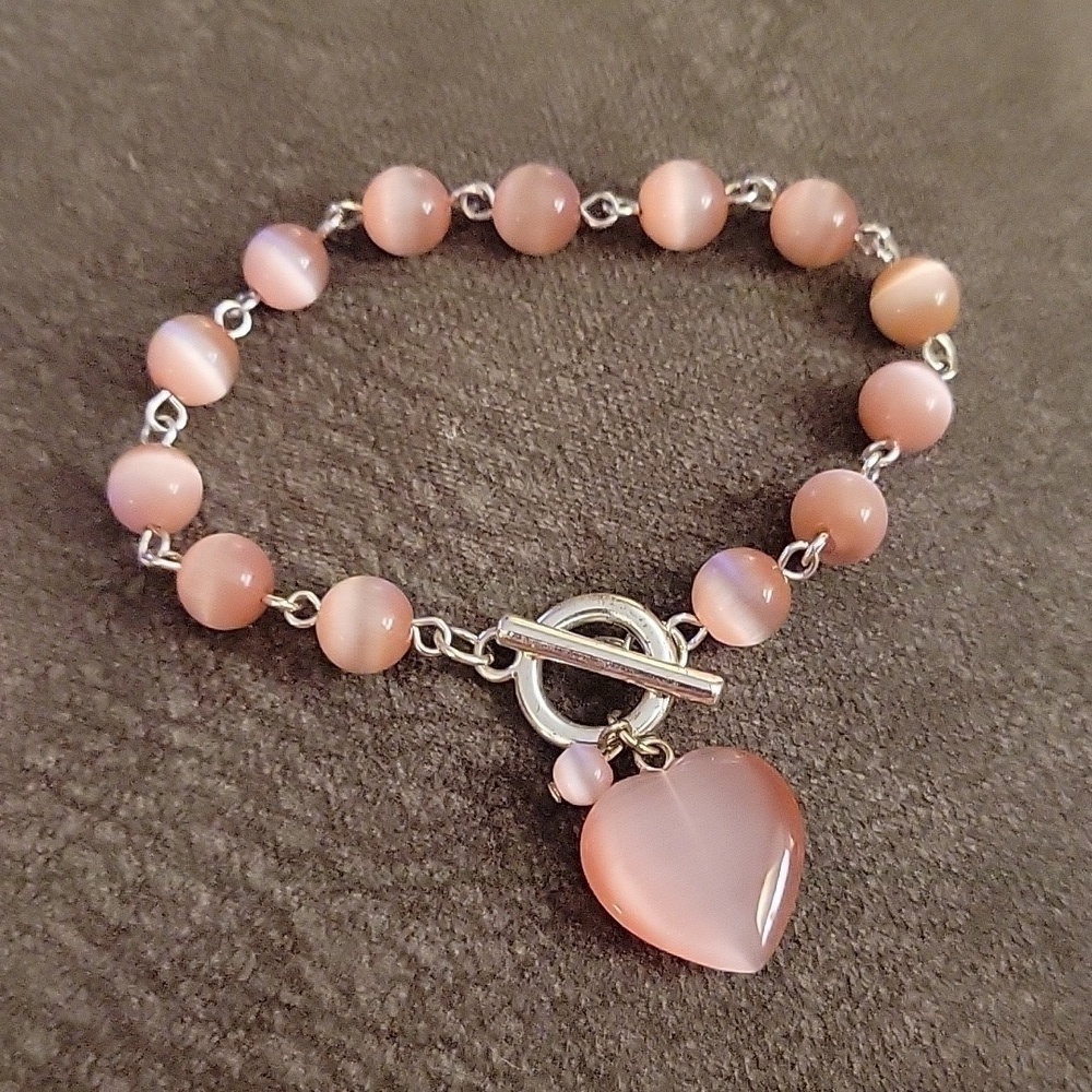 Handmade Barbie Pink Cat's Eye Beaded Chain Heart Charm Toggle Tennis Bracelet - Picture 2 of 7